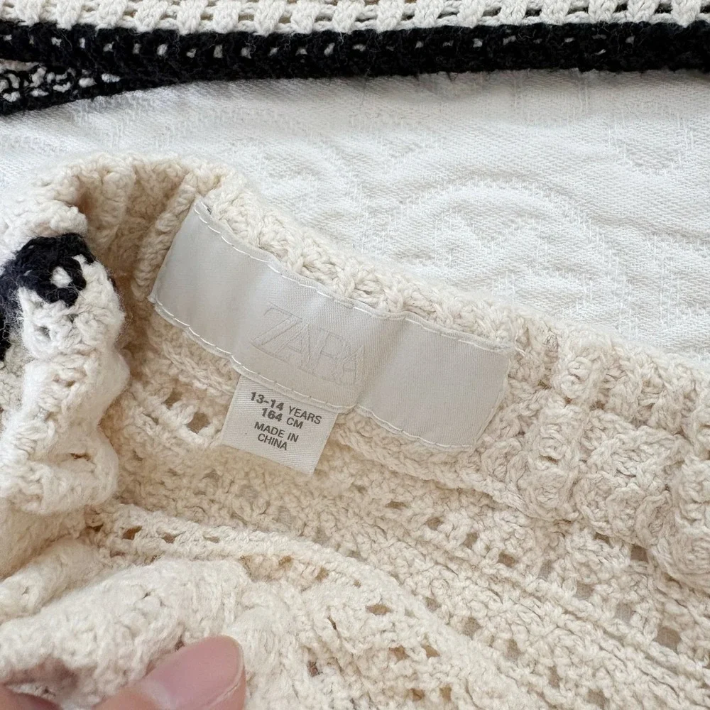 Zara Girls Crochet Floral Knit‎ Set - Tank and Shorts, Cream / Black Sz 13-14